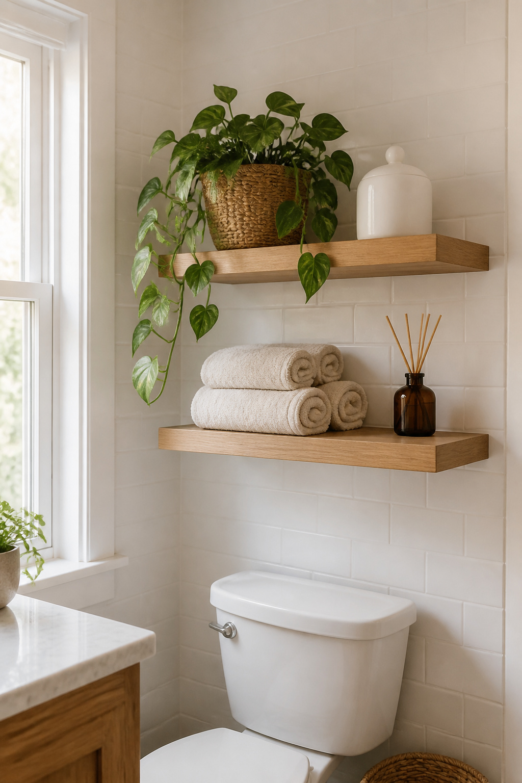 Floating shelves above the toilet use vertical space that most bathrooms leave completely empty.