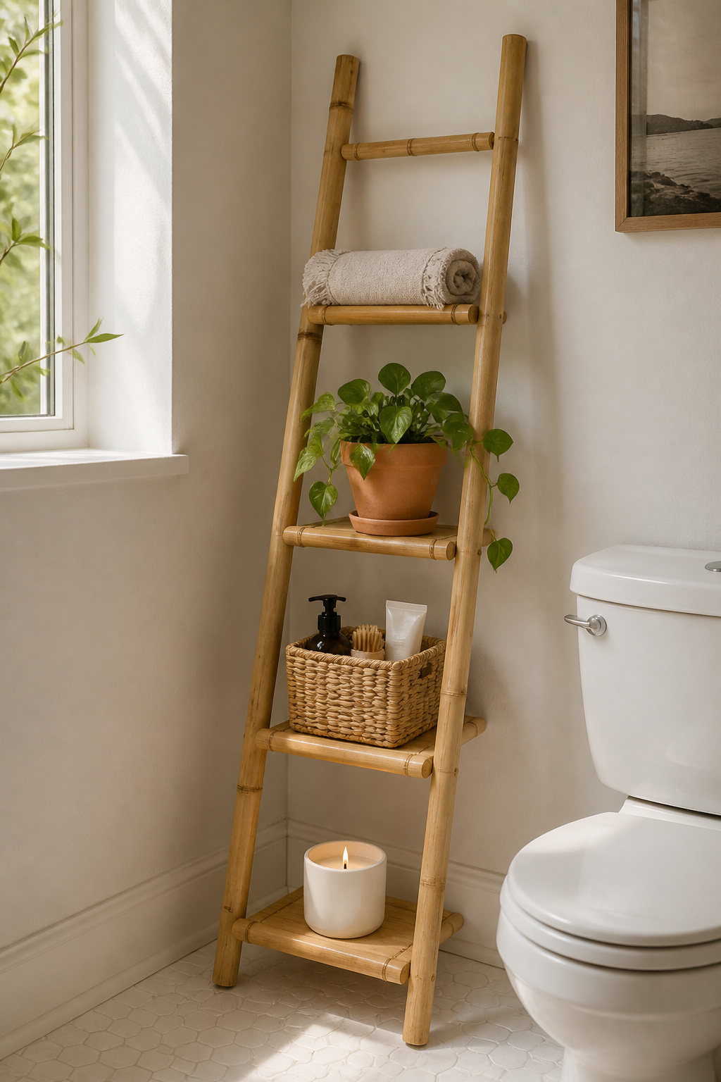 A bamboo ladder shelf is the freestanding answer to a bathroom without wall space for drilling — and it adds natural warmth while doing it.