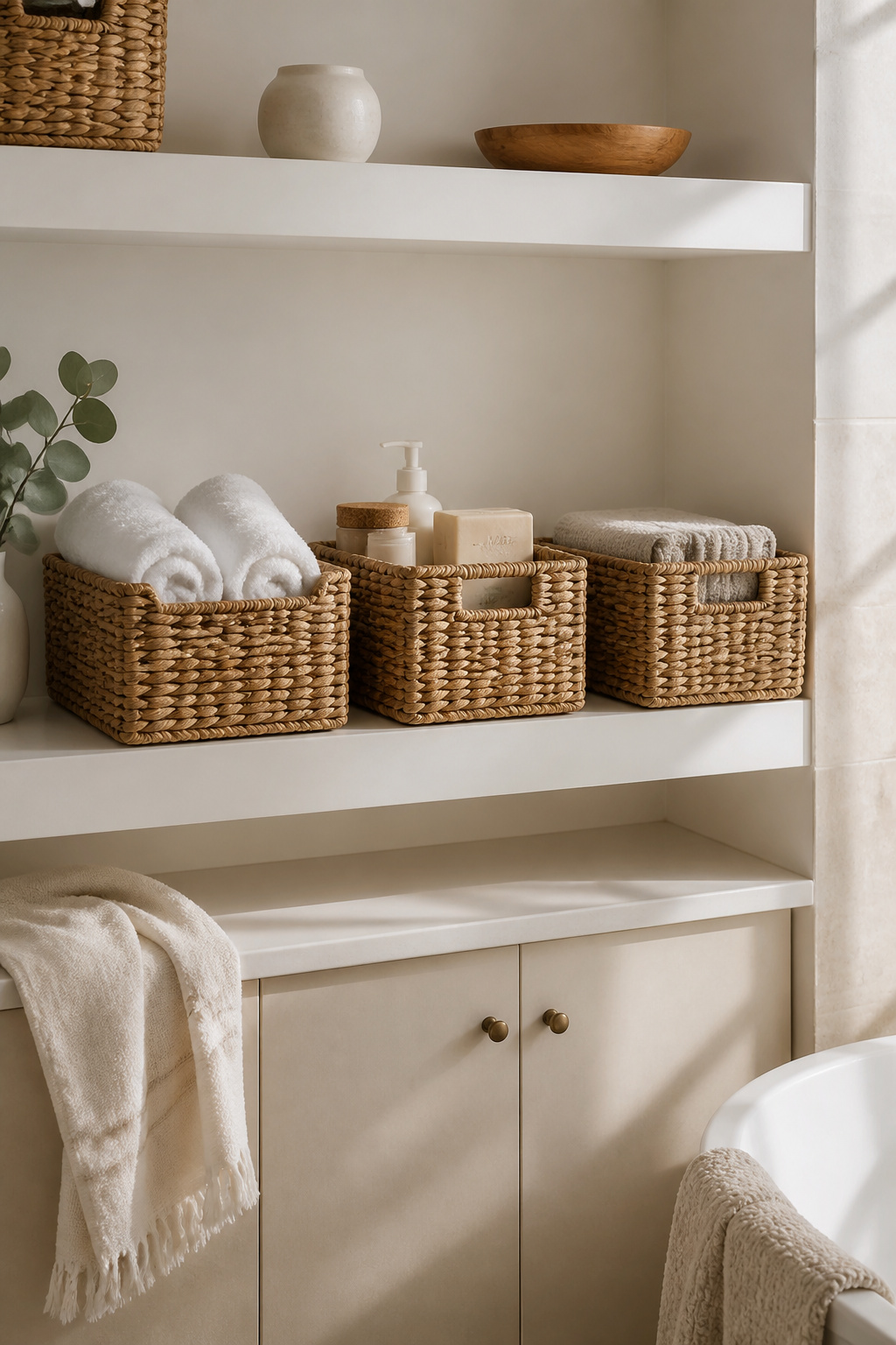 Matching wicker baskets turn an open bathroom shelf from visual noise into a calm, cohesive storage system.