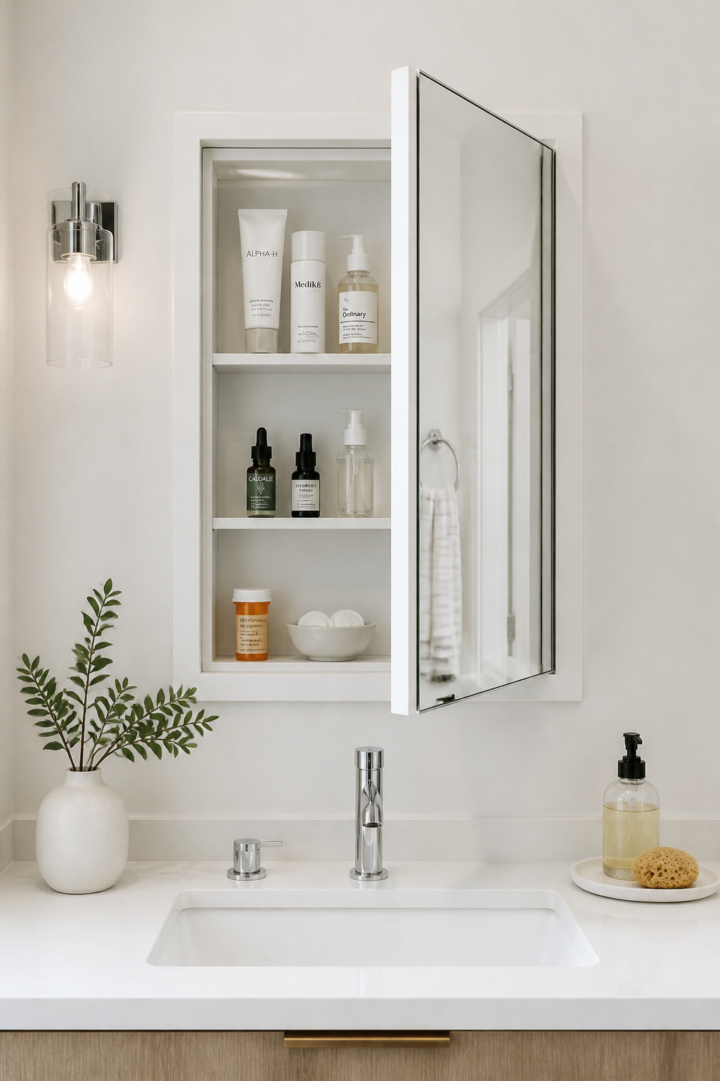 A medicine cabinet does double duty as both mirror and storage — the recessed version disappears into the wall and adds visual depth to a tight bathroom.