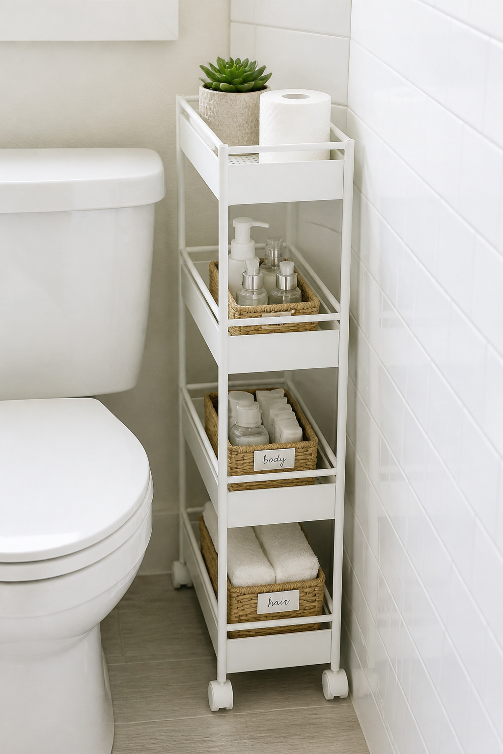 A slim rolling cart turns the wasted gap beside the toilet into a full column of organized, easily accessible storage.