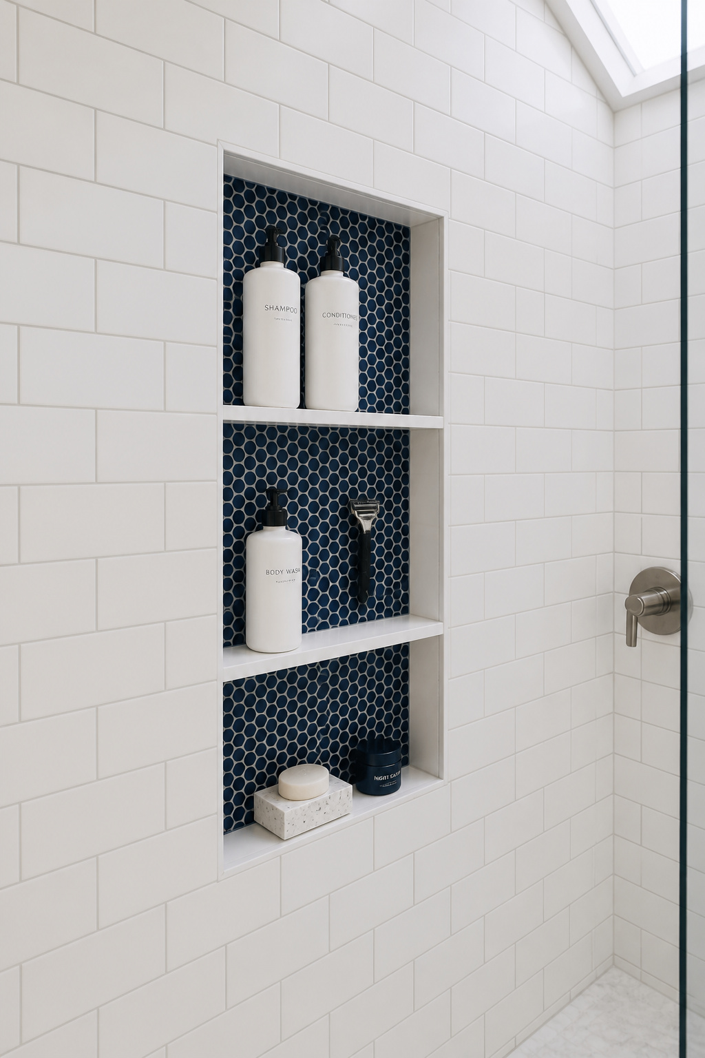 A recessed shower niche is flush with the wall, holds a full shower lineup without a caddy in sight, and becomes a permanent design feature of the room.