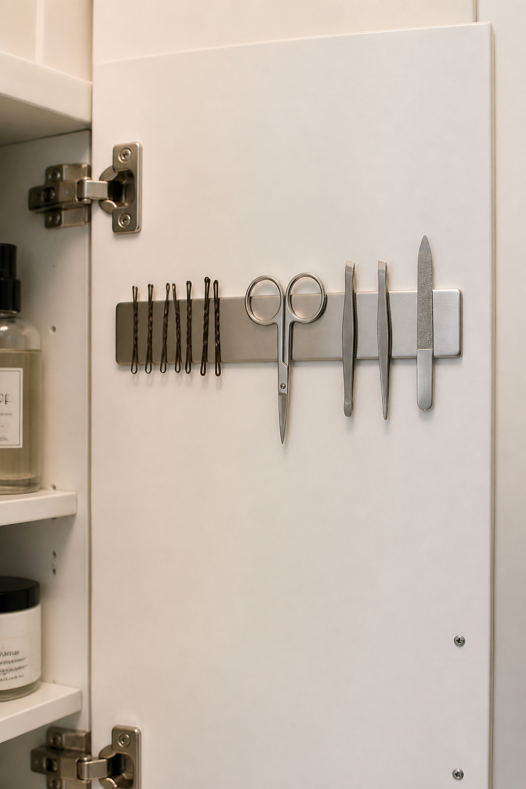 A magnetic strip inside a cabinet door organizes every small metal grooming tool in one place — invisibly, and for almost no cost.
