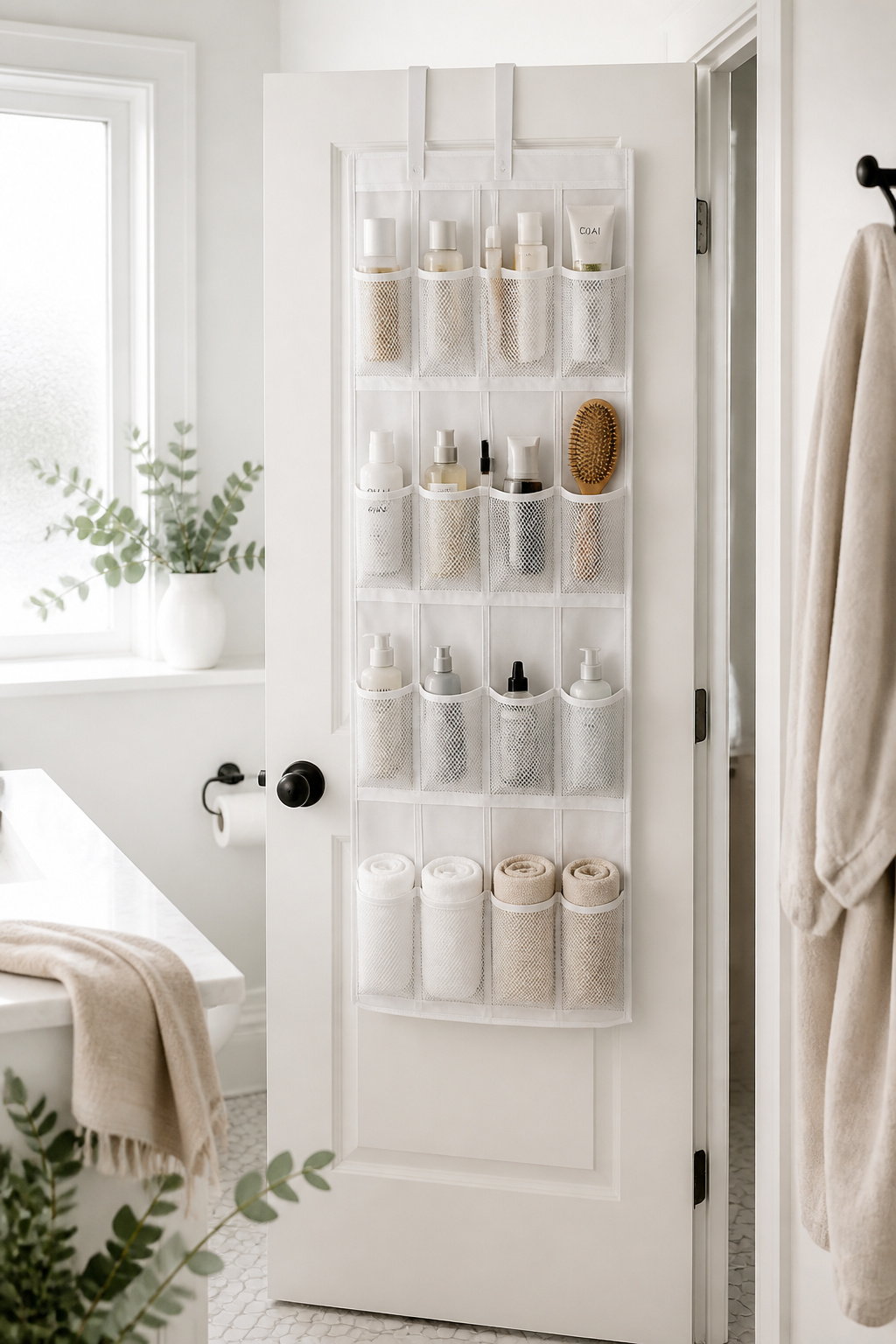 An over-the-door organizer turns the back of a bathroom door into six square feet of organized, accessible storage.