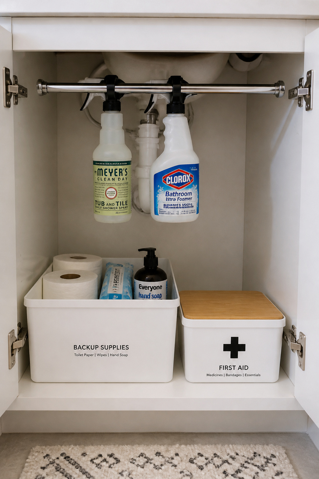 A five-dollar tension rod doubles the usable storage in an undersink cabinet by hanging spray bottles from their trigger handles.