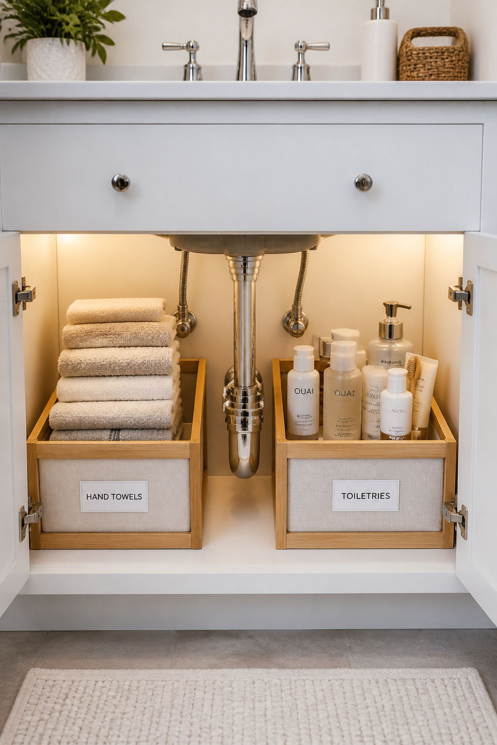 Treating the undersink cabinet as two zones around the plumbing — rather than one open space — transforms the most chaotic storage area in the bathroom.
