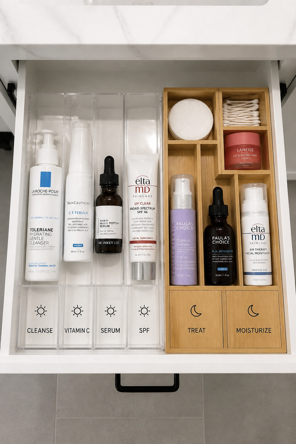 A drawer organized by routine phase — AM products left, PM products right — turns the daily skincare sequence into a natural left-to-right motion.