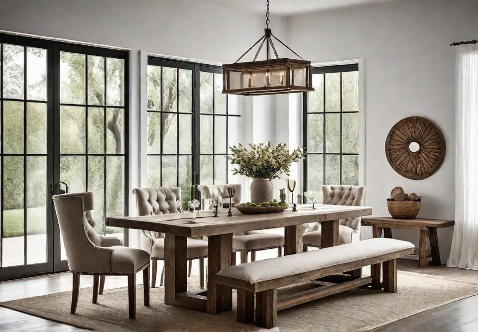 A rustic farmhouse dining table crafted from reclaimed wood adorned with afeat