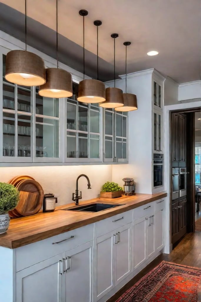 A traditional kitchen with a butcher block island and bar seating