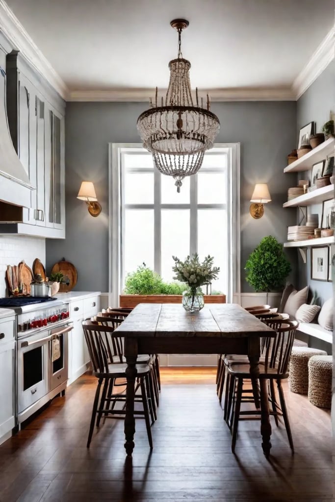 A traditional kitchen with a farmhouse table and a reading nook