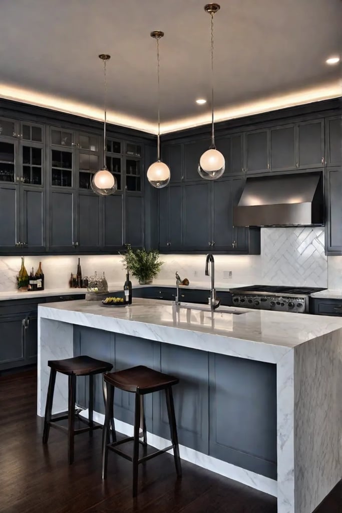 A traditional kitchen with dark hardwood floors and white cabinets