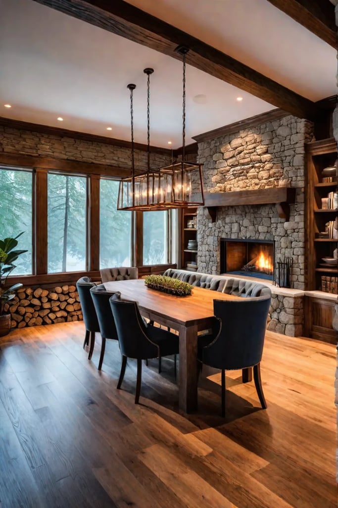 A traditional kitchen with warm wood tones and a stone fireplace