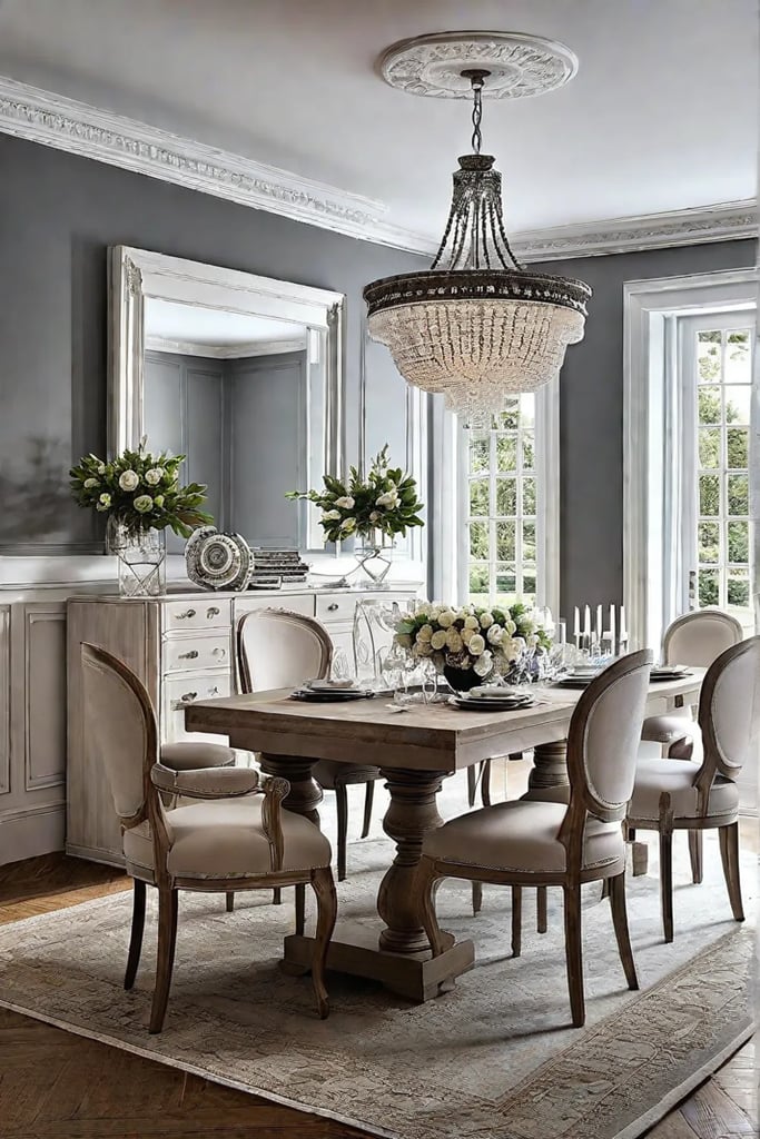 A French country farmhouse dining room with a whitewashed wood table and ornate details evoking elegance and timeless charm