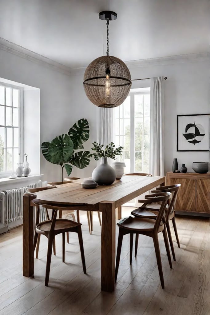 A Scandinavian farmhouse dining room with a light wood table and minimalist decor creating a serene and functional space