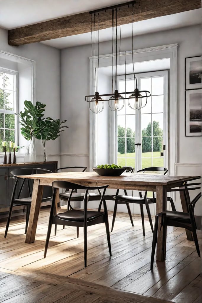 A blend of farmhouse styles comes together in a dining space with a rustic wood table modern chairs and industrial lighting
