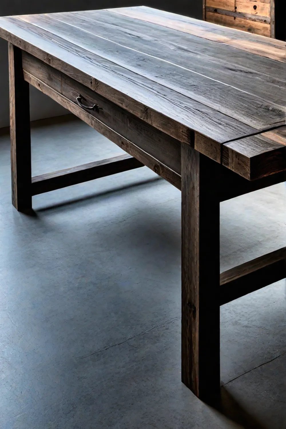 A closeup view of a farmhouse dining table showcases the materials finishes and craftsmanship that define its style