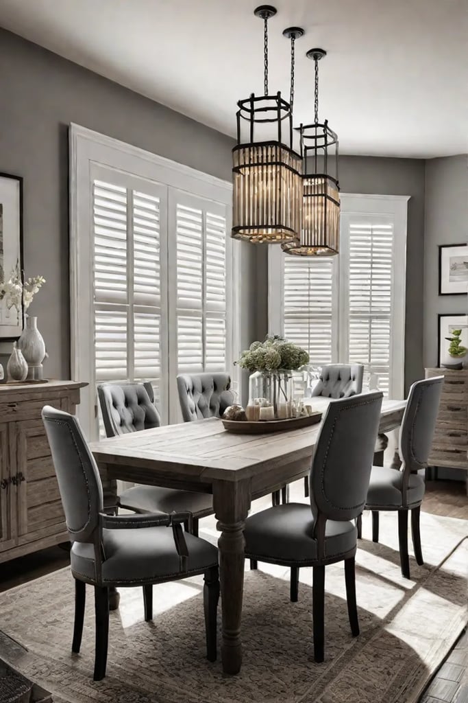 A farmhouse dining room where the color palette textures and materials harmonize to create a cohesive and inviting space