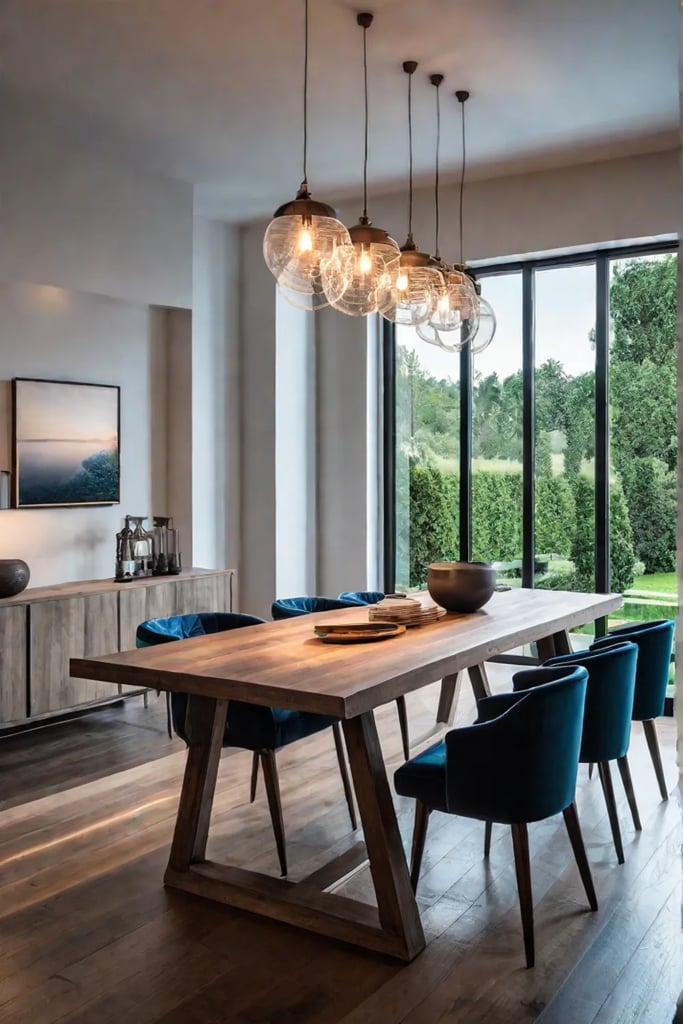 A farmhouse dining table adds a touch of rustic charm to a contemporary home with sleek furniture and minimalist decor