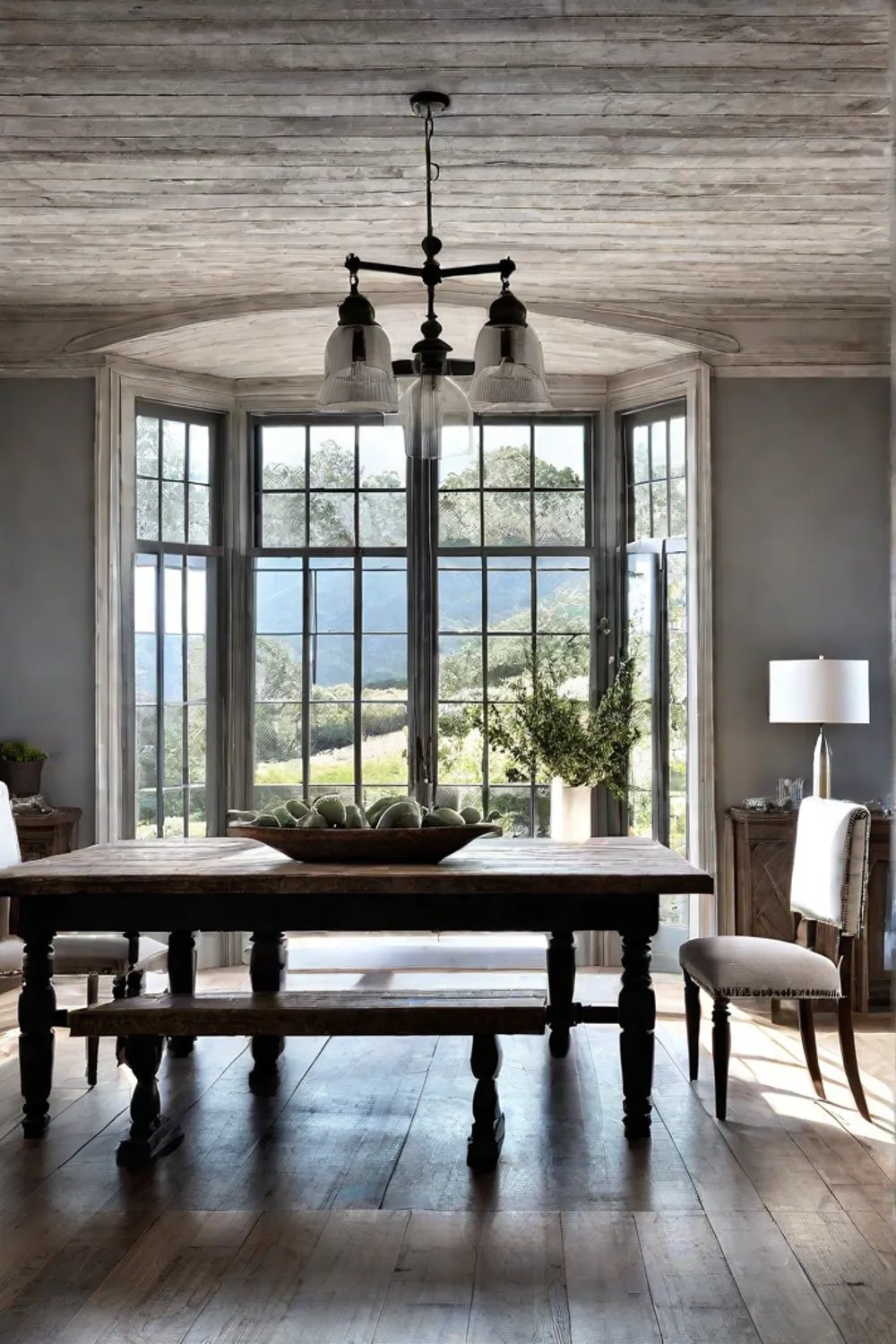 A farmhouse dining table crafted from reclaimed wood stands as the focal point of a cozy dining area