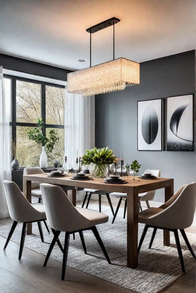 A modern farmhouse dining table with metal accents anchors a minimalist dining area with neutral tones and clean lines