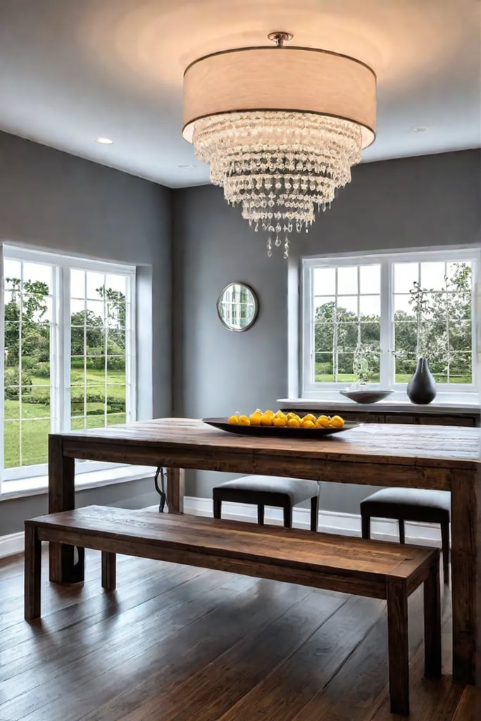 A traditional farmhouse dining room with a distressed wood table as the centerpiece exuding warmth and character