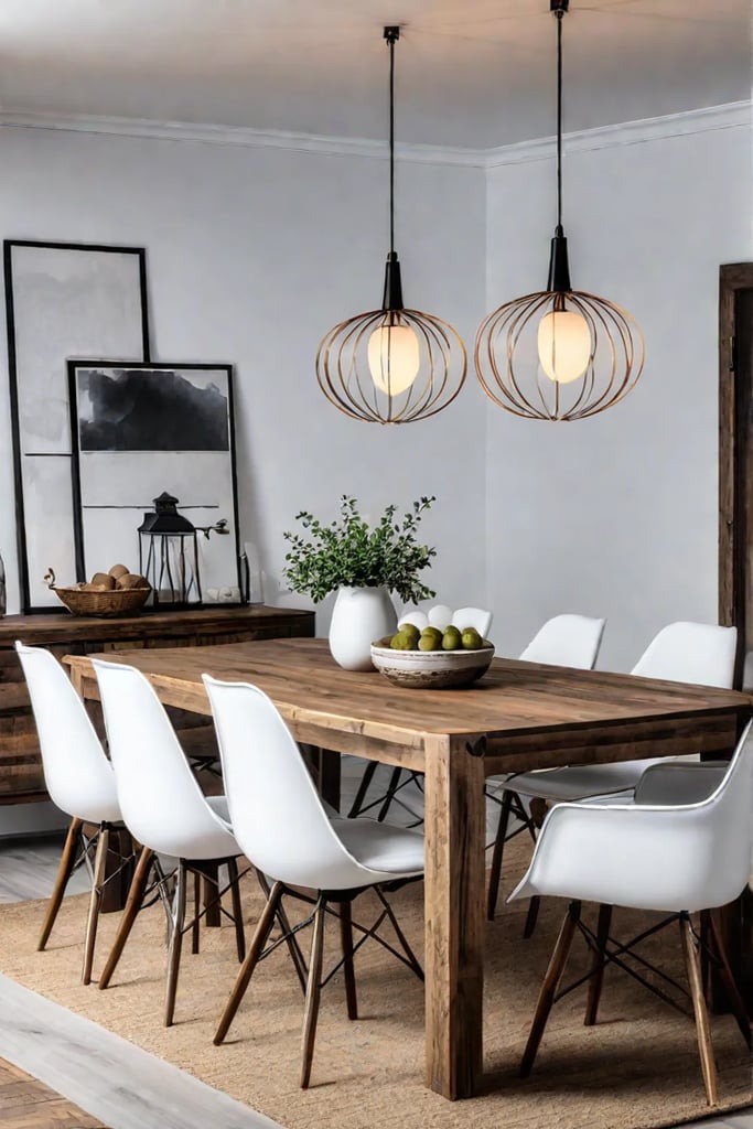 An eclectic farmhouse dining area featuring a mix of rustic modern and industrial elements for a personalized aesthetic