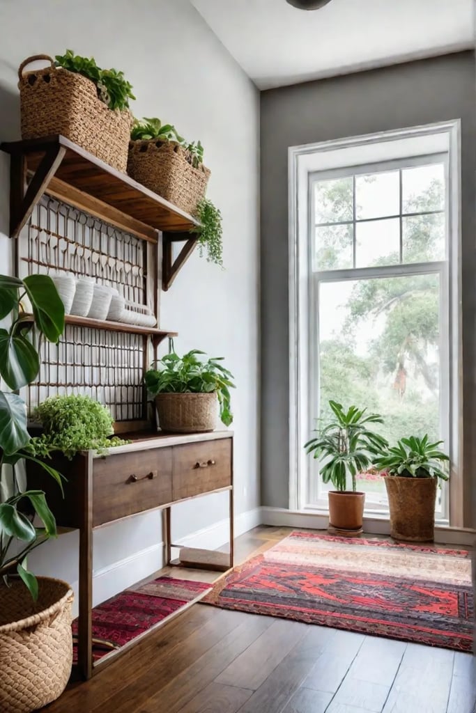 Bohemian laundry room with repurposed furniture and eclectic decor