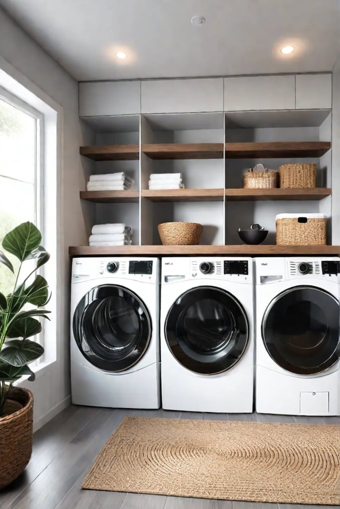 Calming laundry space with natural wood accents and woven rug