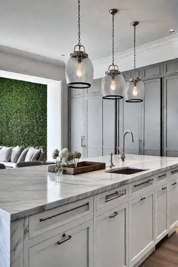 Carrara marble countertop with stainless steel accents