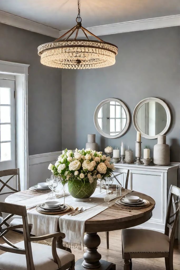 Charming farmhouse dining room with round table and ladderback chairs