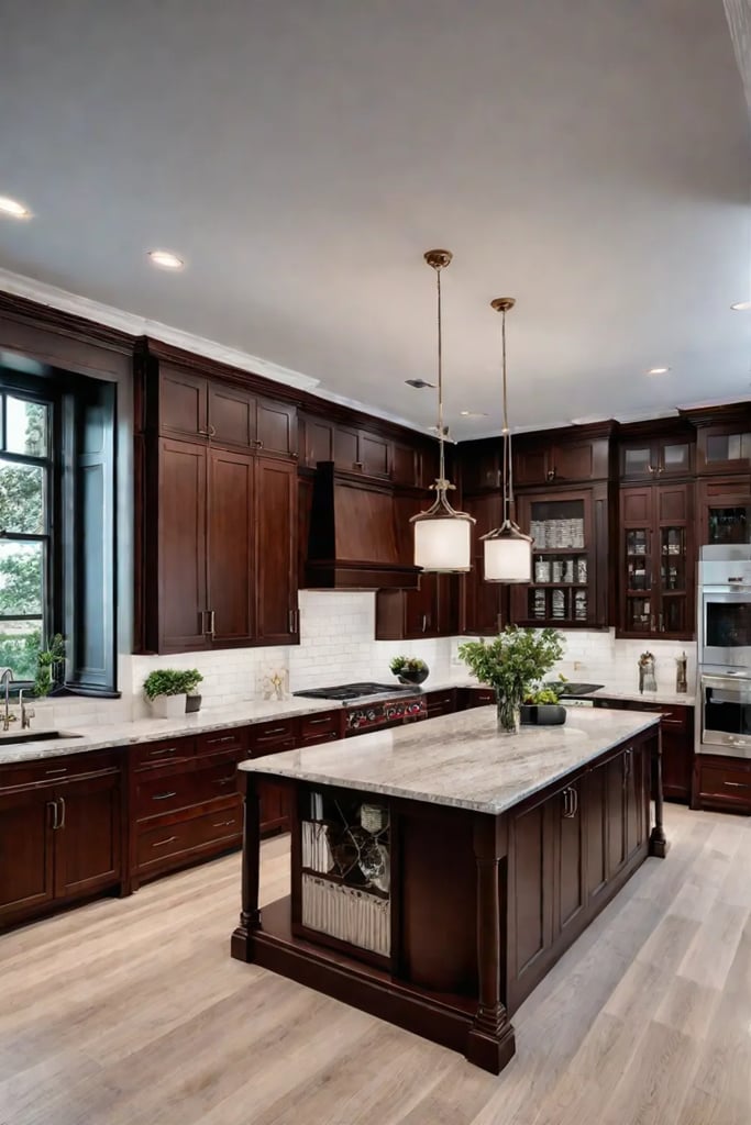 Cherry wood cabinets with a rich reddishbrown stain and shakerstyle doors