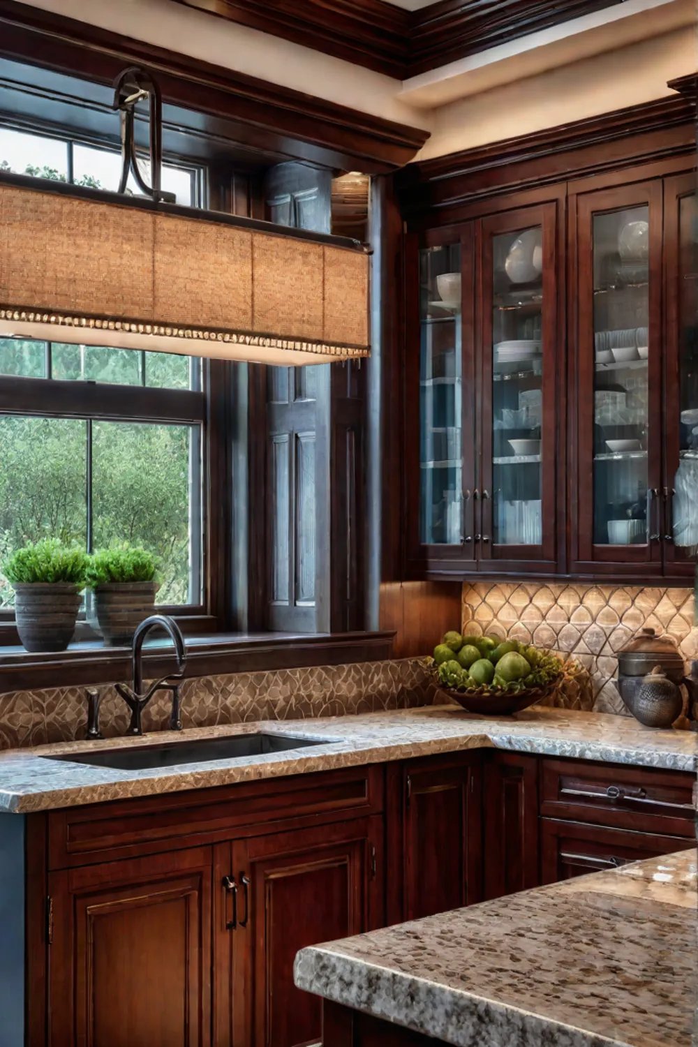 Classic cherry wood kitchen with beige granite and decorative tile