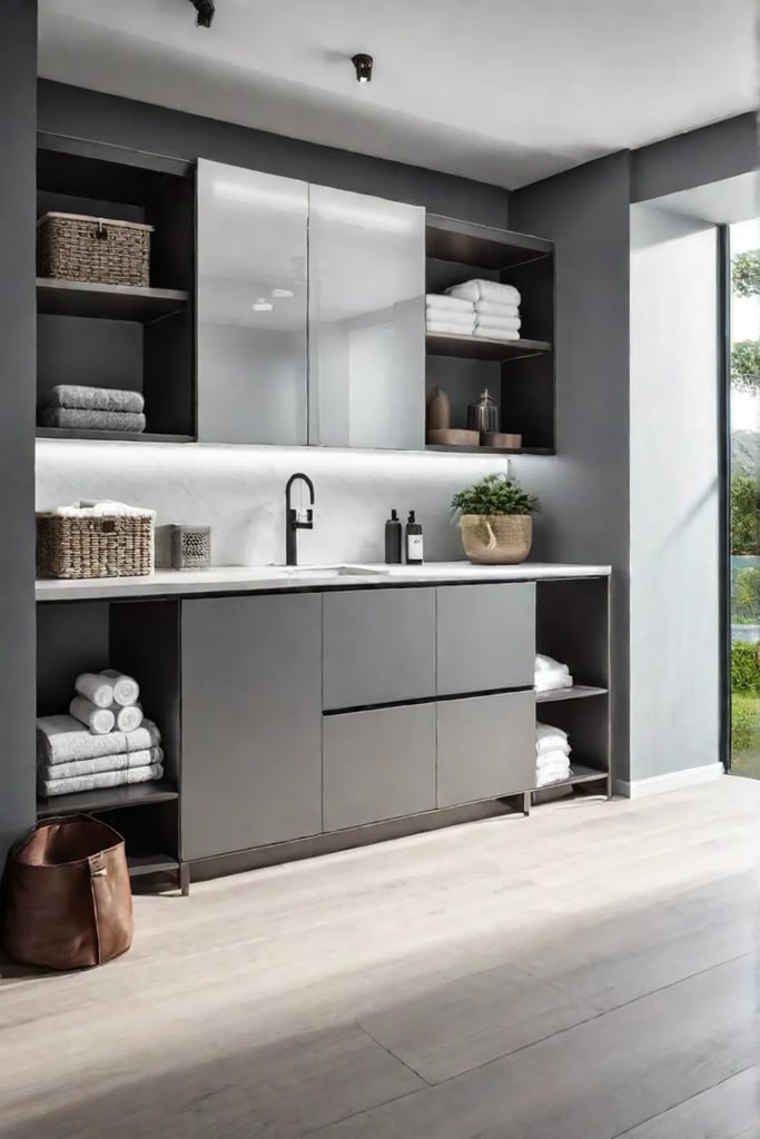 Clean and organized laundry room with designated pet toy storage