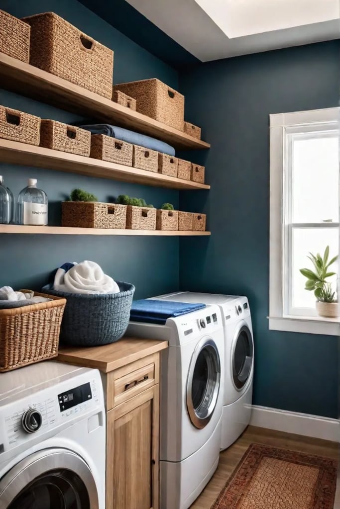 Colorful bins on low shelves promoting childrens independence in the laundry room
