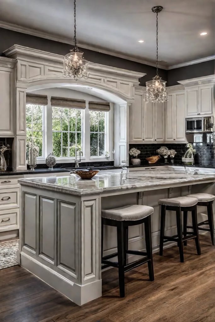 Combined raisedpanel and glassfront cabinets in a spacious kitchen