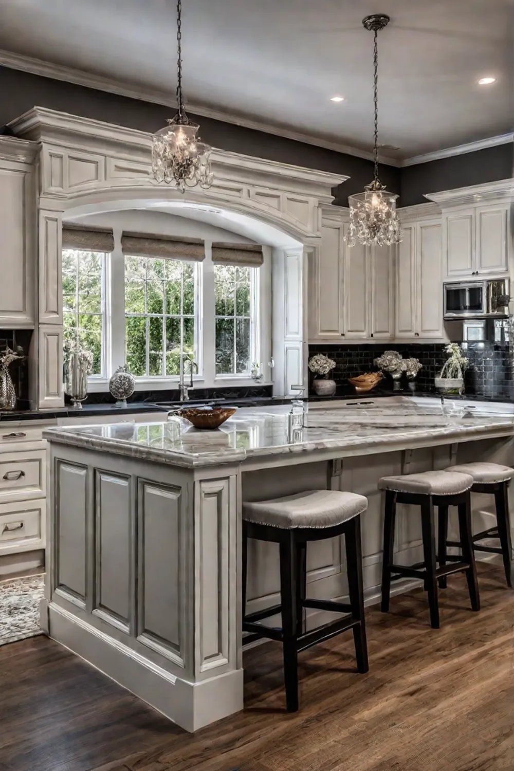 Combined raisedpanel and glassfront cabinets in a spacious kitchen