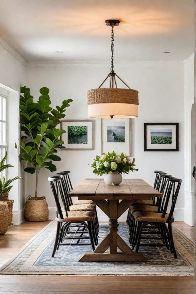 Cozy farmhouse dining room with slipcovered chairs and botanical prints
