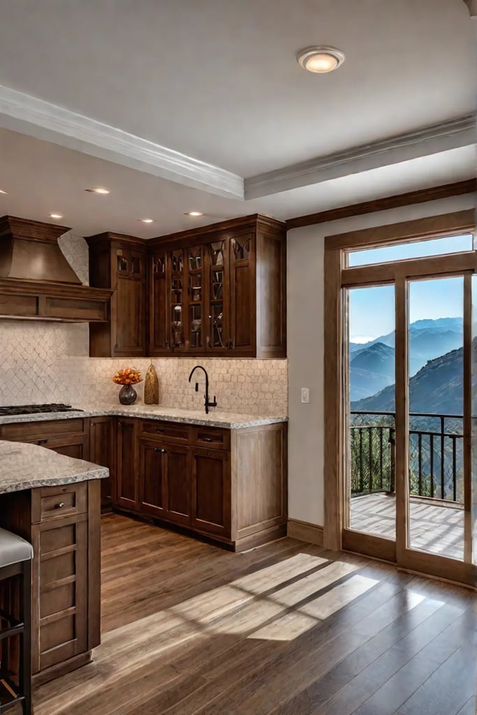 Craftsman kitchen with a breakfast nook and natural stone accents