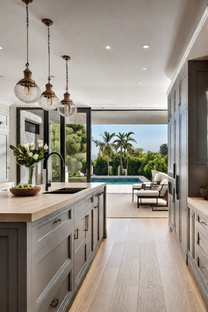Cream cabinets and travertine countertops in a traditional kitchen