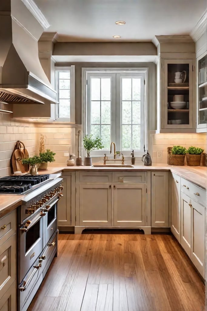 Cream kitchen cabinets with subway tile backsplash