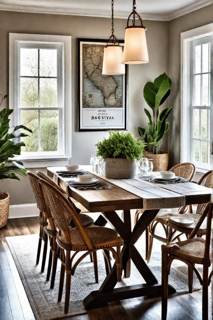 Crossback chairs and natural decor in a farmhouse dining space
