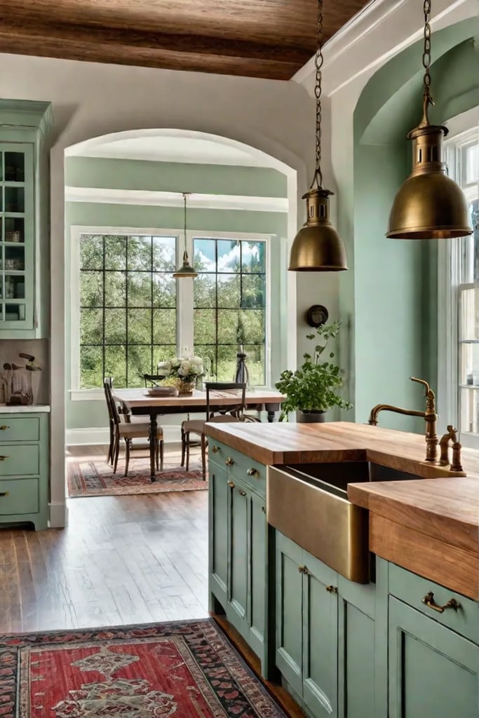 DIY kitchen island with butcher block countertop in a cozy traditional kitchen