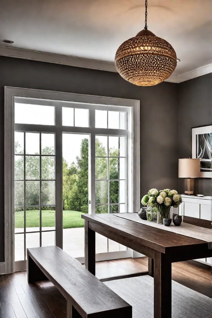 Dark wood walnut table in a rustic dining area