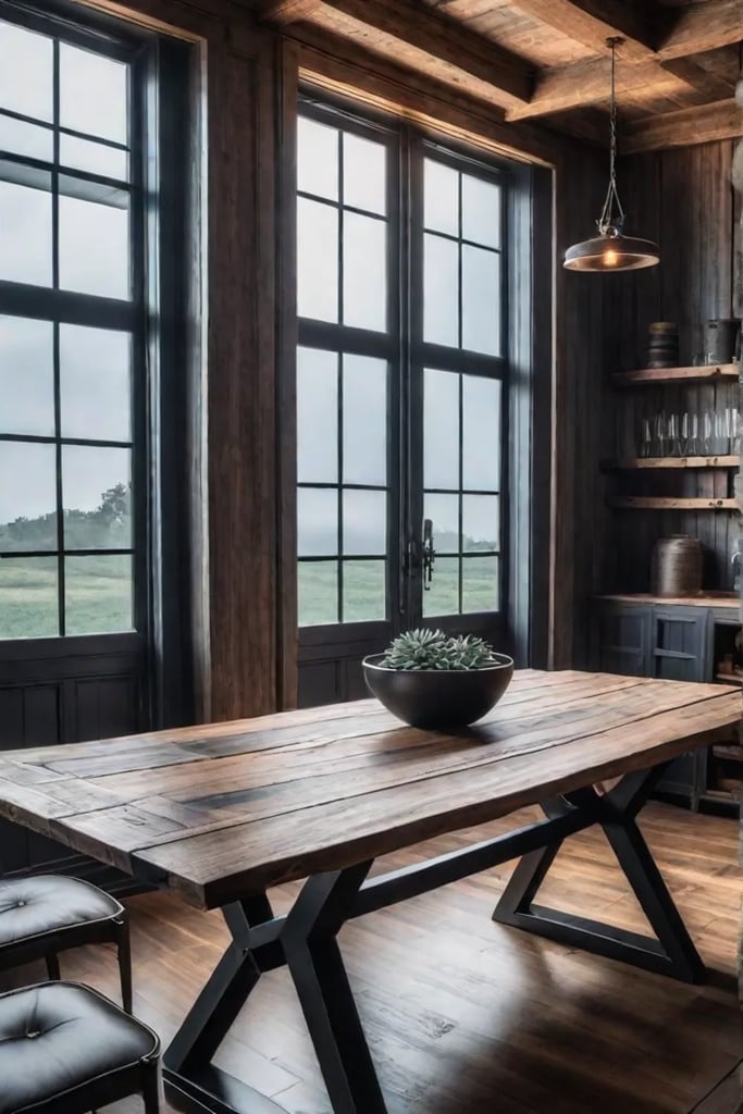 Dining table with reclaimed wood and metal accents