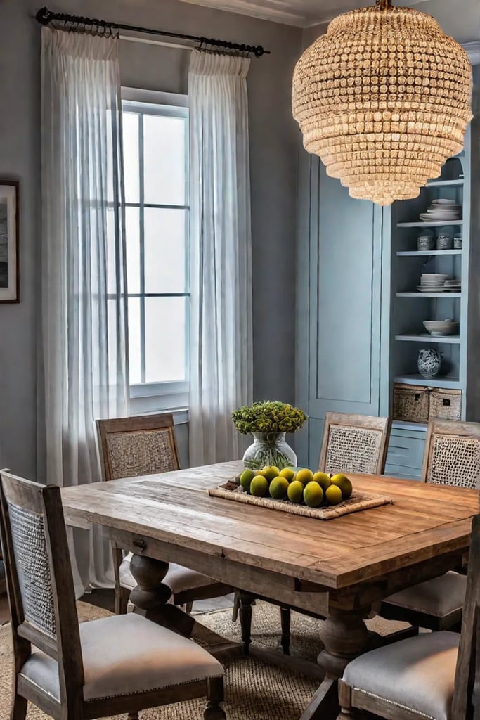 Dining table with wooden chairs and upholstered bench
