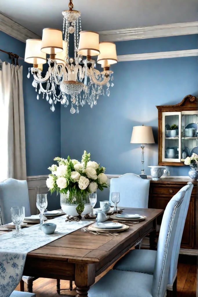 Distressed wood table and toile tablecloth in a blue dining space