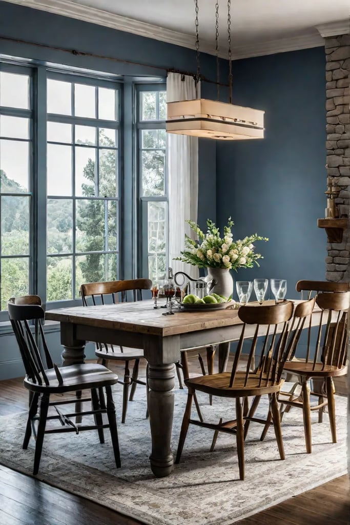 Eclectic farmhouse dining area with distressed pine table