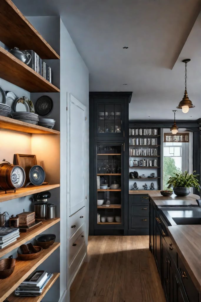 Eclectic kitchen with a gallery wall and open shelves