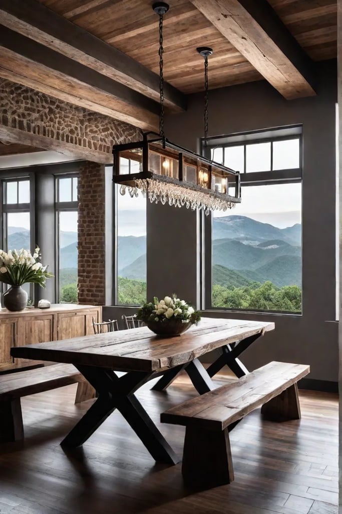 Farmhouse dining area with brick walls and scenic views