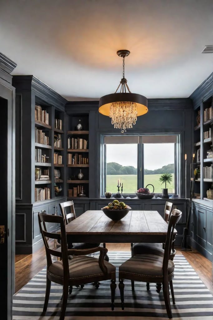 Farmhouse dining room with dark wood table and statement chandelier